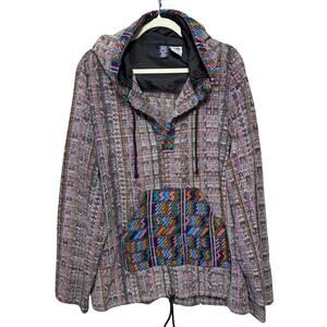 Vintage 80s IXCHEL Festival Hoodie Tunic Adult L Cotton Brocade Trim and Pocket